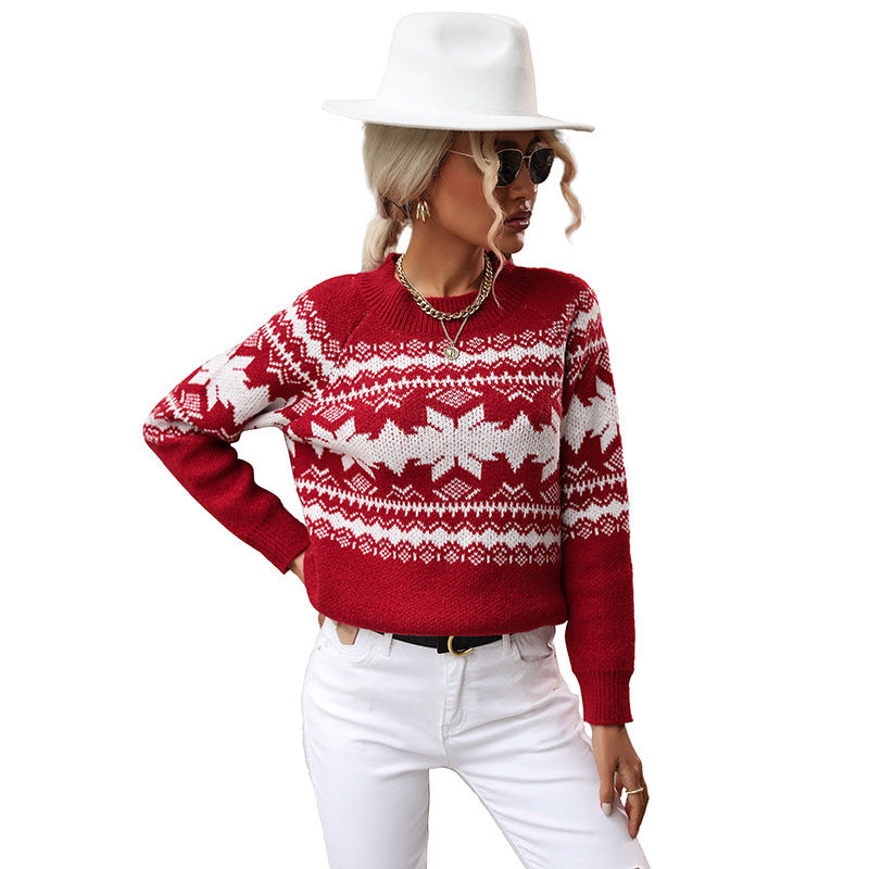 Trendy Round Neck Red Knitted Christmas Snowflake Sweater